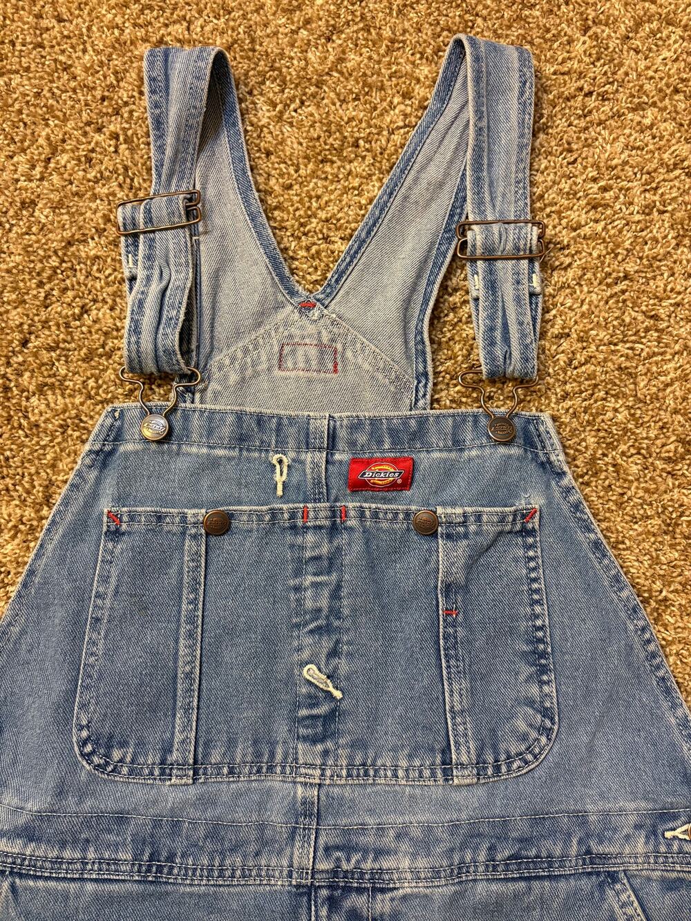 VTG Dickies Blue Denim Carpenter Bib Overalls Light Wash Workwear Size 36x34 Y2K